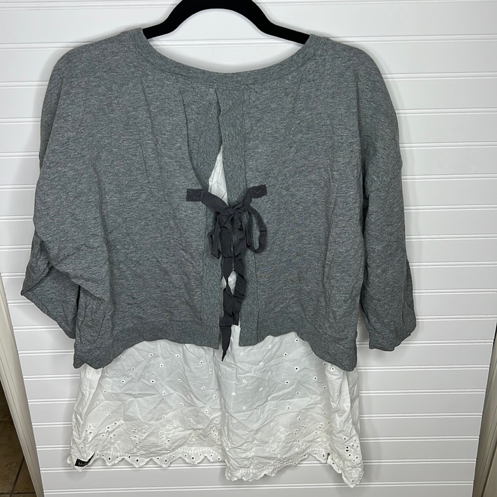 Matilda Jane In The Clouds Gray White Embroidered Eyelet Bow Knit Top Size XL